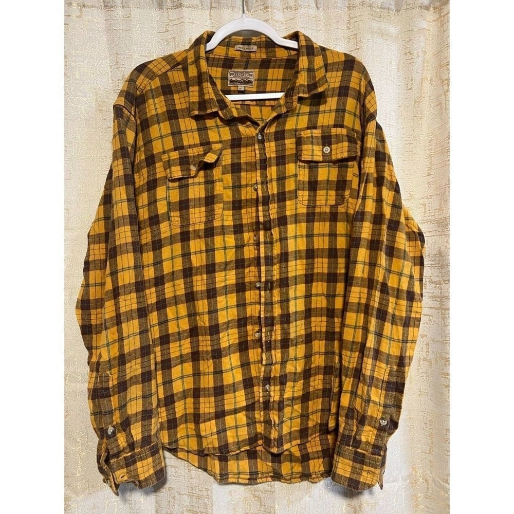 Free Nature Flannel Shirt Mens XL Yellow Brown Plaid Button Outdoor Cabin Rustic